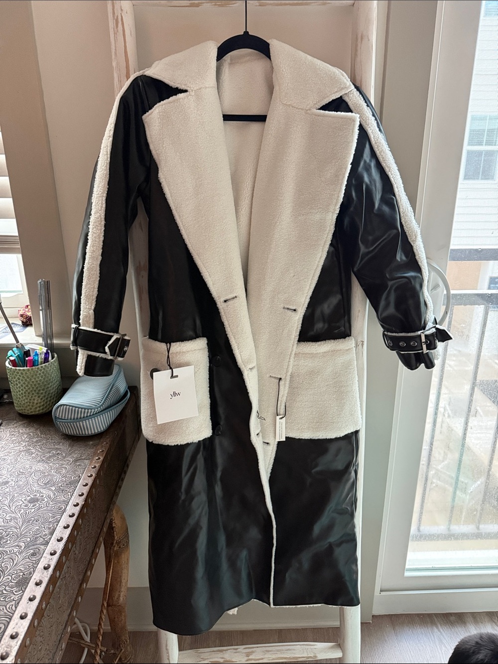 Faux Leather Sherpa Coat - Black/White